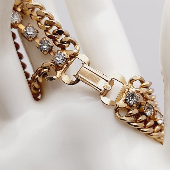 Vintage Wide Three Strand Gold Tone Bracelet - 7 1/4 Inches, Curb Rhinestones - Picture 8 of 10